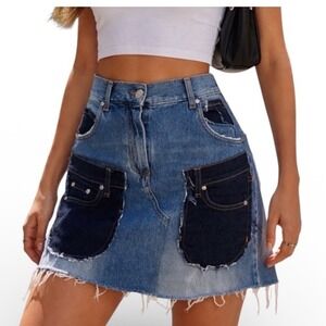 MSGM Milano Womens Deconstructed Patchwork Denim Mini Skirt Blue Italy High Rise